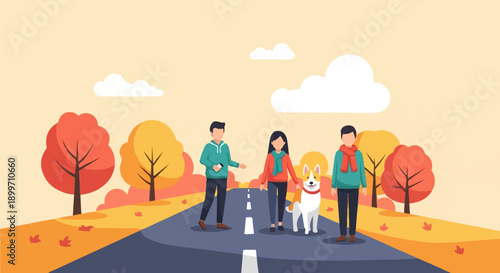 Autumn scene with people and dog walking on road