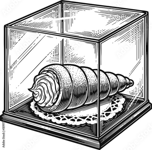 Vintage pastry display case with detailed cream filled croissant cone dessert illustration