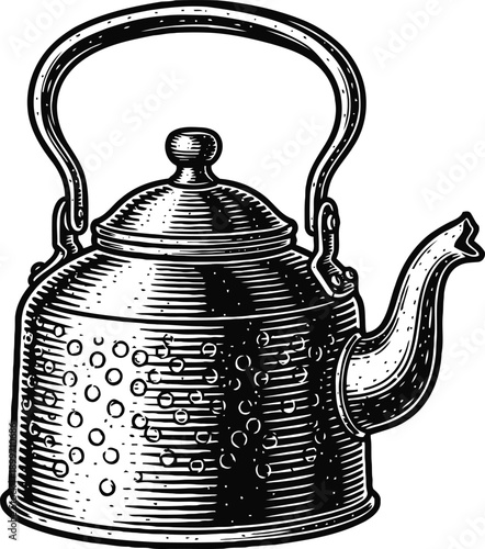 Vintage metal kettle with handle and spout, detailed engraved illustration in black and white