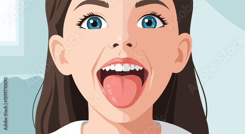 Close-up illustration of a young person's face, showing mouth open