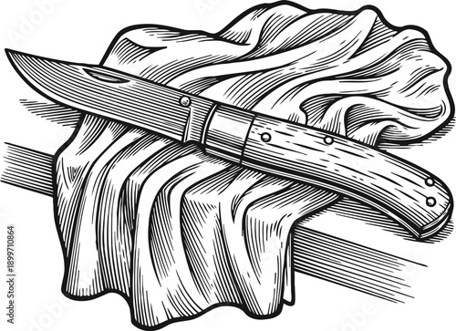 Pocket knife with wooden handle laying on cloth draped over wooden surface detailed black and white illustration