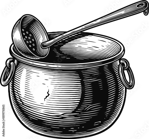 Vintage cooking pot with long handle strainer ladle classic kitchenware illustration in engraved