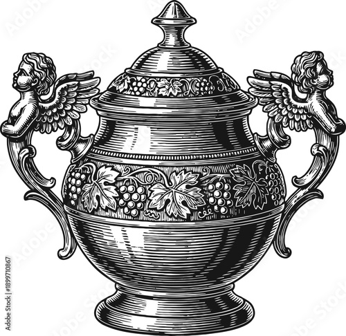 Vintage ornate urn with lid and cherub handles, detailed decorative antique vessel design