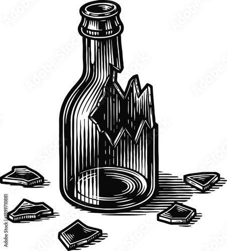 Broken glass bottle with scattered shards vintage black and white engraved illustration