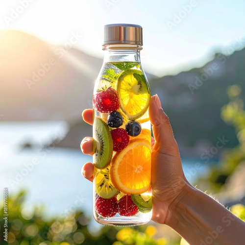 Wallpaper Mural Hand Holding Refreshing Fruit Infused Water Bottle With Sliced Citrus Berries and Kiwi During Golden Hour Outdoor Scenic View Torontodigital.ca