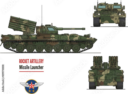 Military Camouflage Rocket Artillery Missile Launcher Vehicle Blueprint Featuring Front Side and Rear Views for Wargame Design Technical Schematics and Armed Forces Digital Graphics
