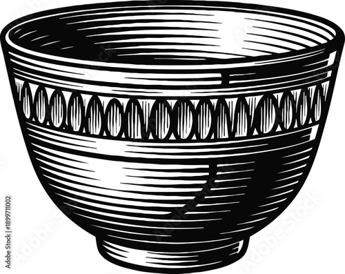 Black and white wooden bowl illustration with decorative pattern and engraved texture design
