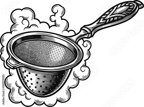 Vintage tea strainer with steam swirling around, detailed hand drawn kitchen utensil illustration
