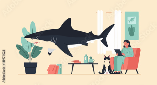 A woman relaxes with a cat as a shark swims in her living room