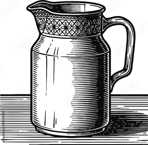 Vintage metal pitcher with decorative patterned rim, classic container for pouring liquids