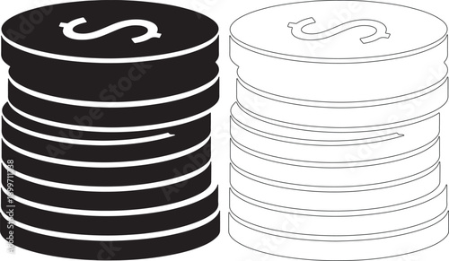 Black and white stacked coin graphics with dollar signs, symbolizing finance and currency concepts.