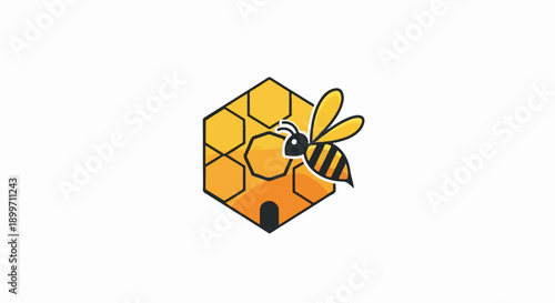 Cartoon bee flying near a stylized honeycomb with an entrance