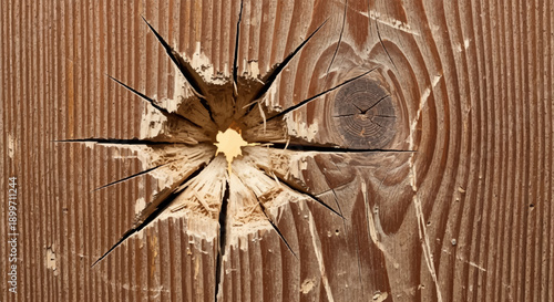 A close-up textured shot of splintered weathered wood with a knothole accent