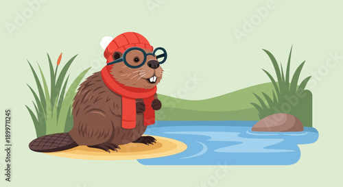 Cartoon beaver with glasses and a winter hat sits by a calm lake