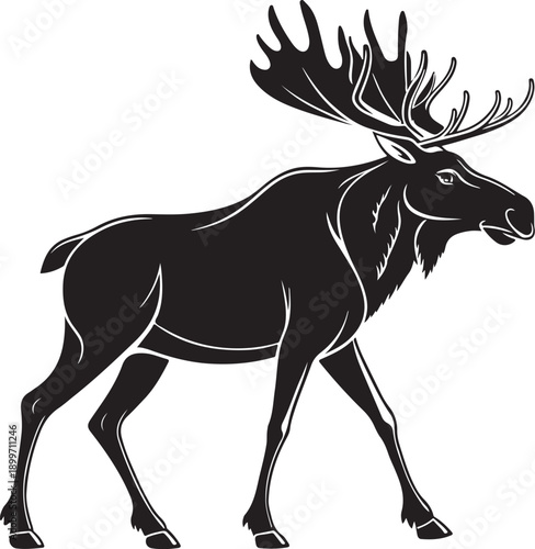 Moose Walking Silhouette Hand-drawn Sketch Drawing Vector Illustration, Line Linear Symbol Engraving for Coloring Book, Black and White, Isolated