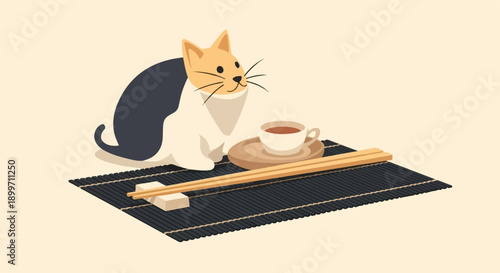 A whimsical cat sits by a cup of tea on a mat with chopsticks