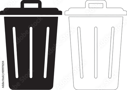 Two trash cans, one filled and one outlined, for waste management and recycling purposes.