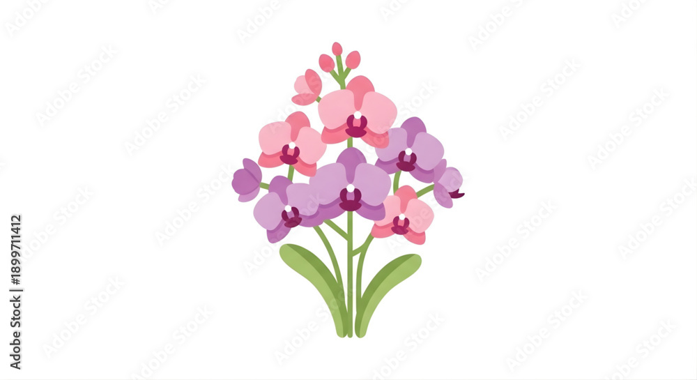 Naklejka premium Beautiful bouquet of pink and purple orchids with green leaves against a white background, representing elegance and nature's delicate beauty