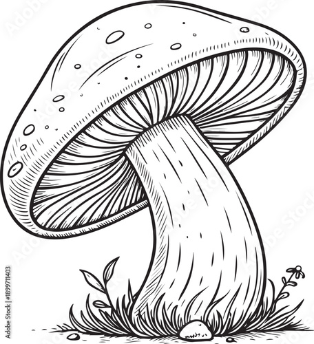 Mushroom in Forest Hand-drawn Sketch Drawing Vector Illustration, Line Linear Symbol Engraving for Coloring Book, Black and White, Isolated