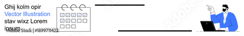 Project planning, task scheduling, productivity, teamwork, office organization, decision-making. A professional points while working on a laptop next to a calendar. Project planning and task
