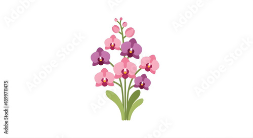 Vibrant and elegant illustration of a beautiful bouquet featuring a delightful mix of pink and purple orchid flowers with lush green leaves, perfect for decorative designs and botanical themes