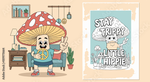 A whimsical mushroom character in a room holding a peace sign and giving a peace sign