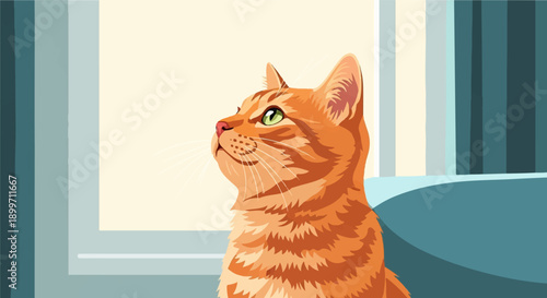 A close-up portrait of an orange tabby cat looking upwards with green eyes