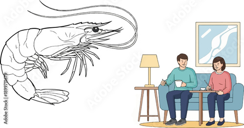 A stylized shrimp illustration and a couple enjoying a quiet moment indoors