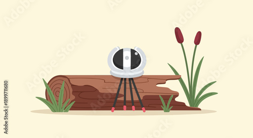 A whimsical robotic observer rests on a weathered log near marsh plants