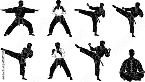 Set of black martial arts silhouettes, karate athletes performing high kicks and combat poses, vector fighter icons for taekwondo judo and self defense training.