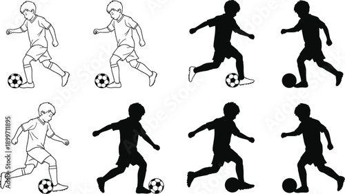 Set of young boy soccer player silhouettes and line art icons, youth football athlete dribbling ball, children sports competition vector for junior athletic design.