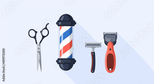 Barber pole with scissors, razor, and clippers, flat design