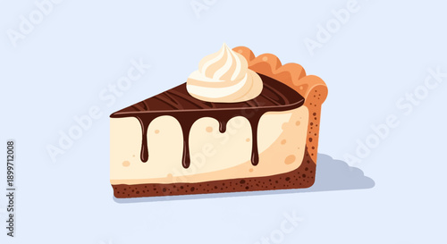 A slice of creamy pie with chocolate glaze and whipped cream topping