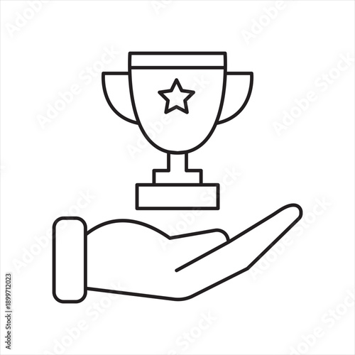 Minimal outline icon showing an open palm supporting a victory cup above it, symbolizing achievement, support, trust, reward, success, leadership, recognition, growth, and triumph. Vector EPS 10.