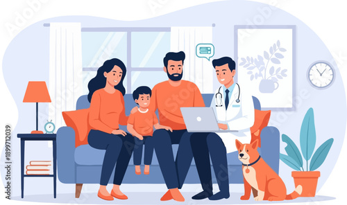 A family, doctor, and dog gather on a couch during a consultation