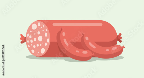 A sliced salami and two small sausages presented in a flat design style