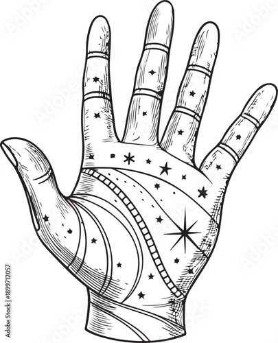 Palmistry Hand Hand-drawn Sketch Drawing Vector Illustration, Line Linear Symbol Engraving for Coloring Book, Black and White, Isolated