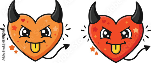 ute Devil Heart Character Set with Horns and Tail Showing Tongue Fun Cartoon Emoji Vector Illustration Isolated on White Background for Valentines Day Stickers
