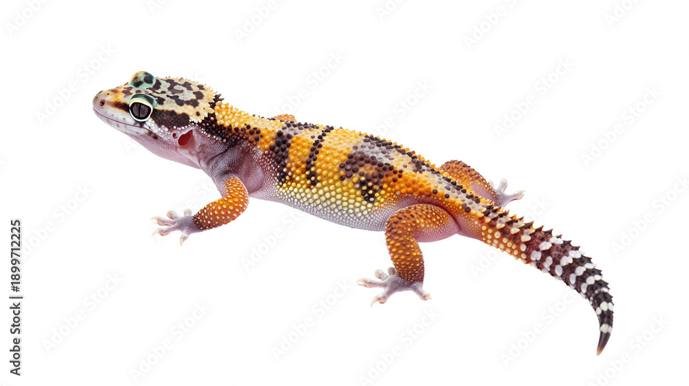 Fototapeta premium Vibrant leopard gecko with striking pattern isolated on white, showcasing its unique coloration and texture