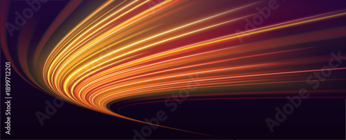 Bright orange highway lanes blaze forward with smooth motion and radiant neon glow. A powerful visual representation of acceleration and energy vector