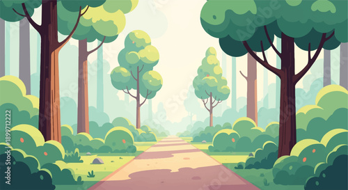 A sun-dappled path winds through a vibrant forest with lush green foliage
