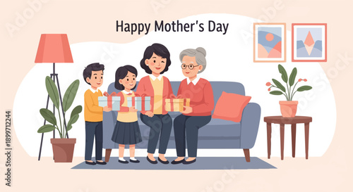 A family celebrates Mother's Day with gifts in a cozy living room