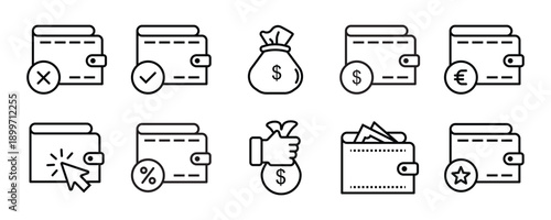 Wallet set of web icons in line style. A collection of linear icons representing wallet concepts, including cash, credit cards, digital wallet, money, security, payment, mobile wallet. Editable stroke
