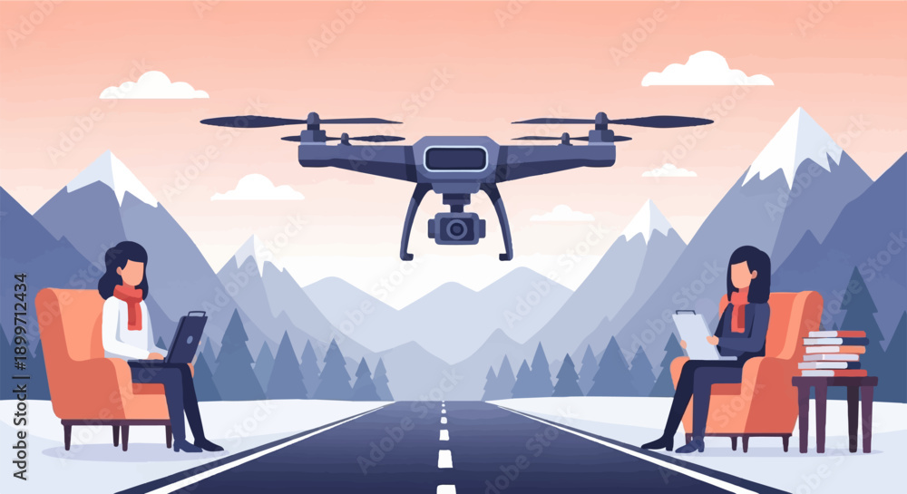 Obraz premium A drone hovers over a snowy landscape with two people seated in chairs