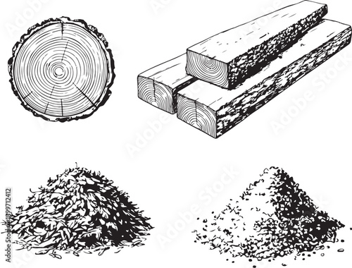 Wood materials: log slices, planks, sawdust and chips, forestry or woodwork Hand-drawn Sketch Drawing Vector Illustration, Line Linear Symbol Engraving for Coloring Book, Black and White, Isolated