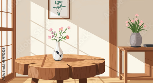 A sunlit room with wooden furniture and delicate floral arrangements