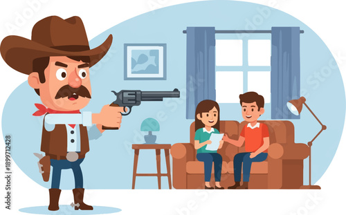 Cartoon cowboy confronts couple in living room with gun