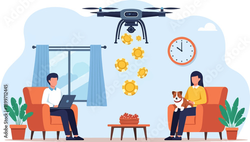 A drone delivers coins while people relax indoors with pets and plants