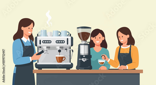 Baristas preparing coffee at a cafe counter with espresso machine