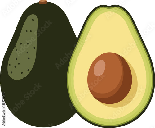 A whole and a halved avocado, with flesh, seed, and textured skin
